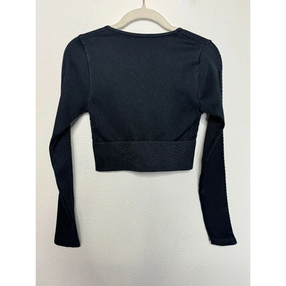 OFFLINE Aerie Seamless Cable Acid Wash Top Sz S Black Cropped Long Sleeve New